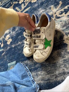 Golden Goose Kids White Leather Sneakers with Green Star and Blue Heel